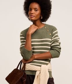 Suéter em Tricô com Botões na Cava e Estampa Listras