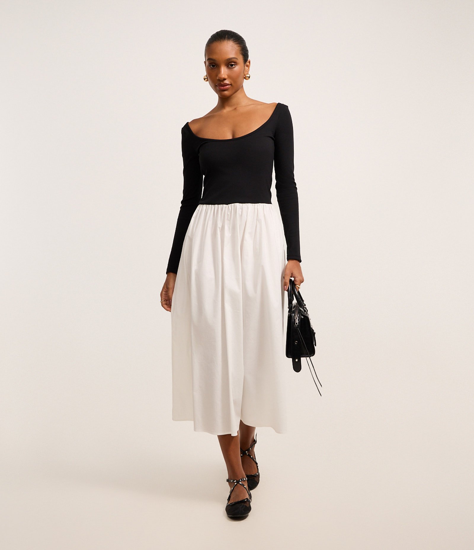 Vestido Hi-Lo Long Midi em Ribana e Tricoline Preto 1