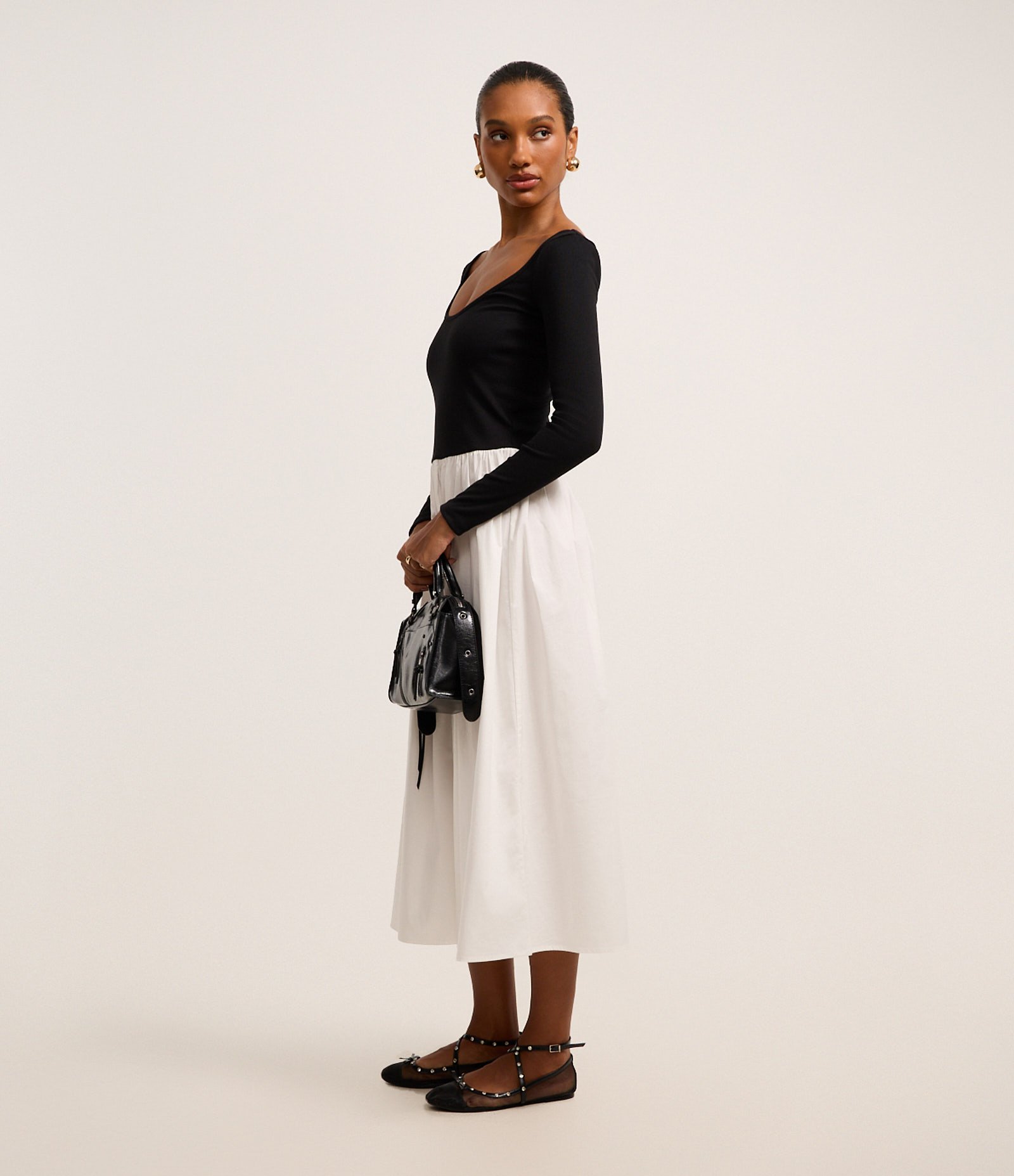 Vestido Hi-Lo Long Midi em Ribana e Tricoline Preto 5