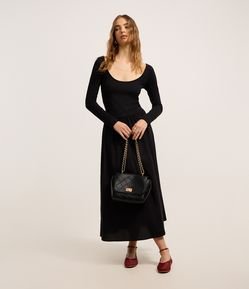 Vestido Longo Midi em Ribana e Tricoline com Decote U