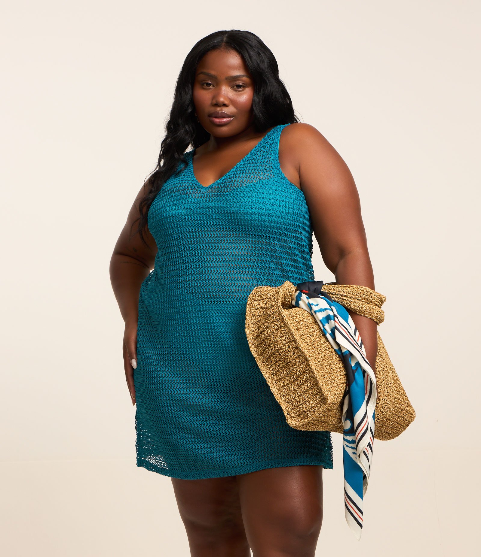 Saída de Praia Curta em Tricô Curve & Plus Size Azul 1