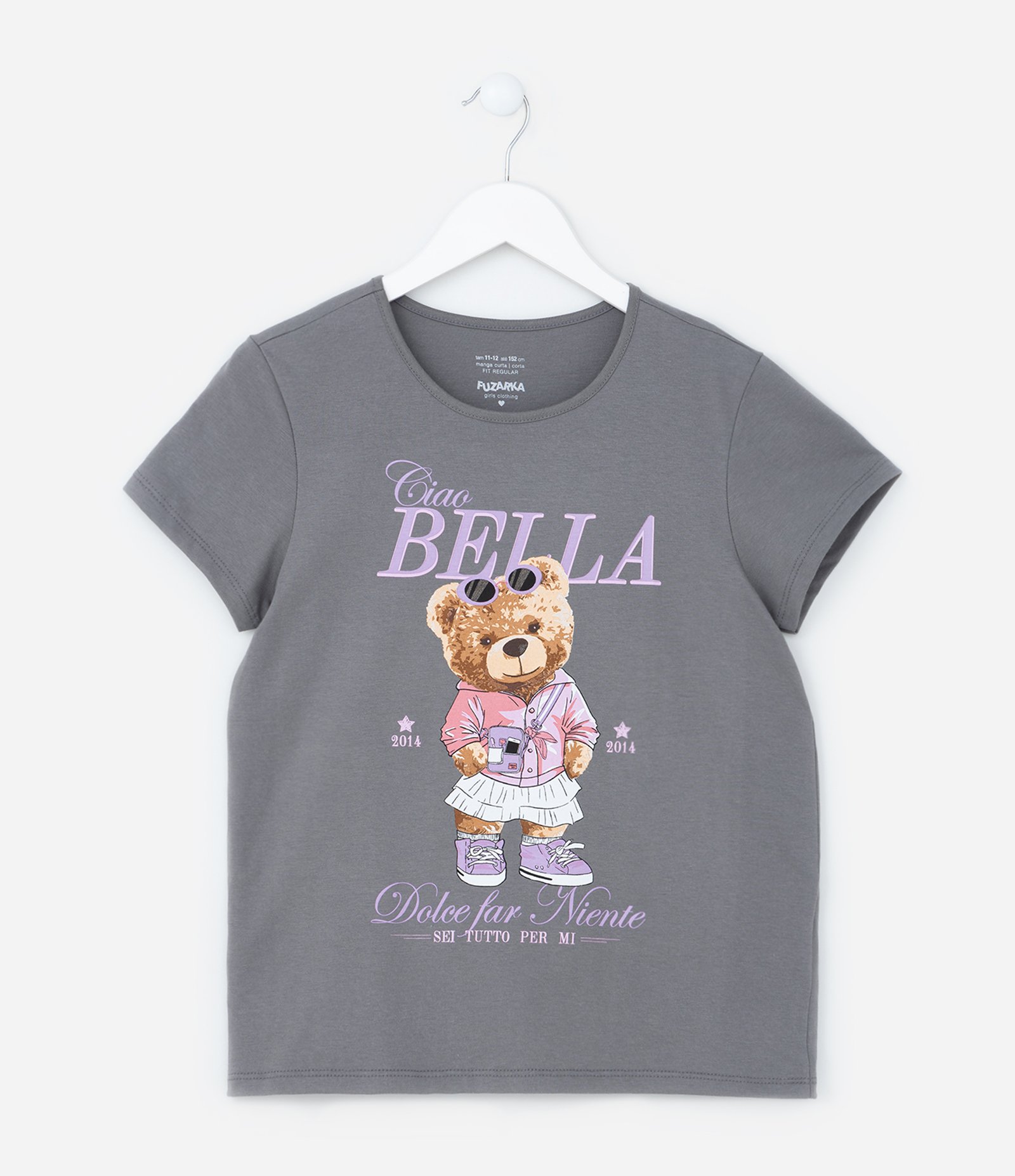 Camiseta Infantil com Estampa Ursinha Fashion - Tam  5 a 14 Anos Cinza 1