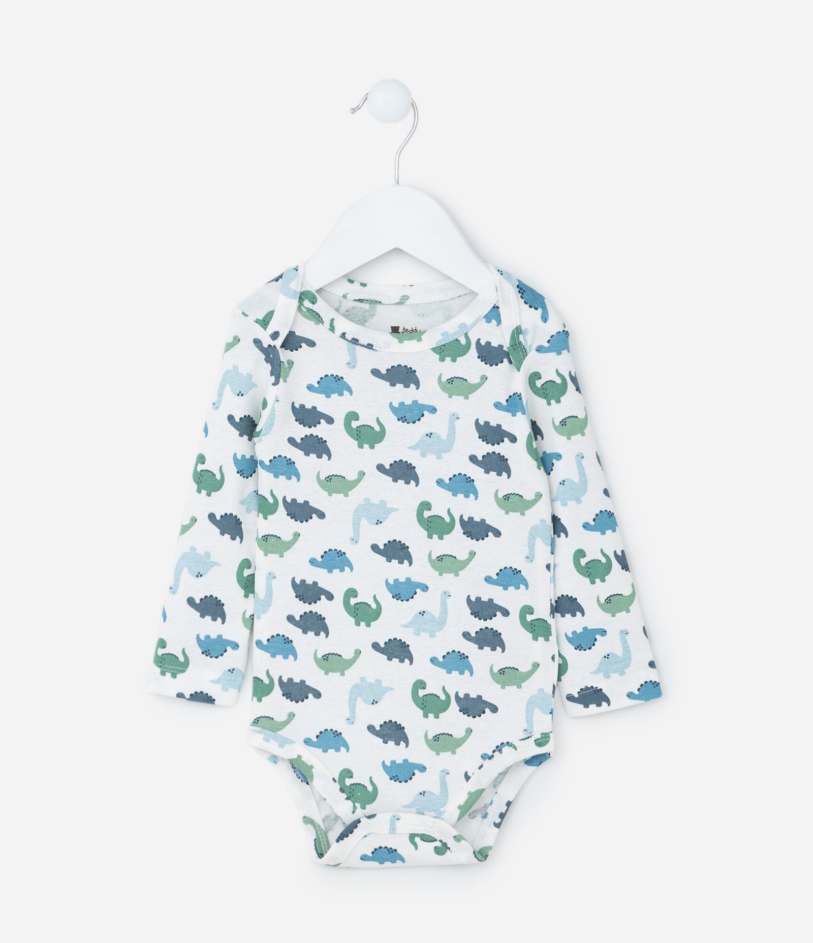 Body Infantil em Ribana com Estampa Dinos - Tam RN a 18 meses Branco/Azul 1