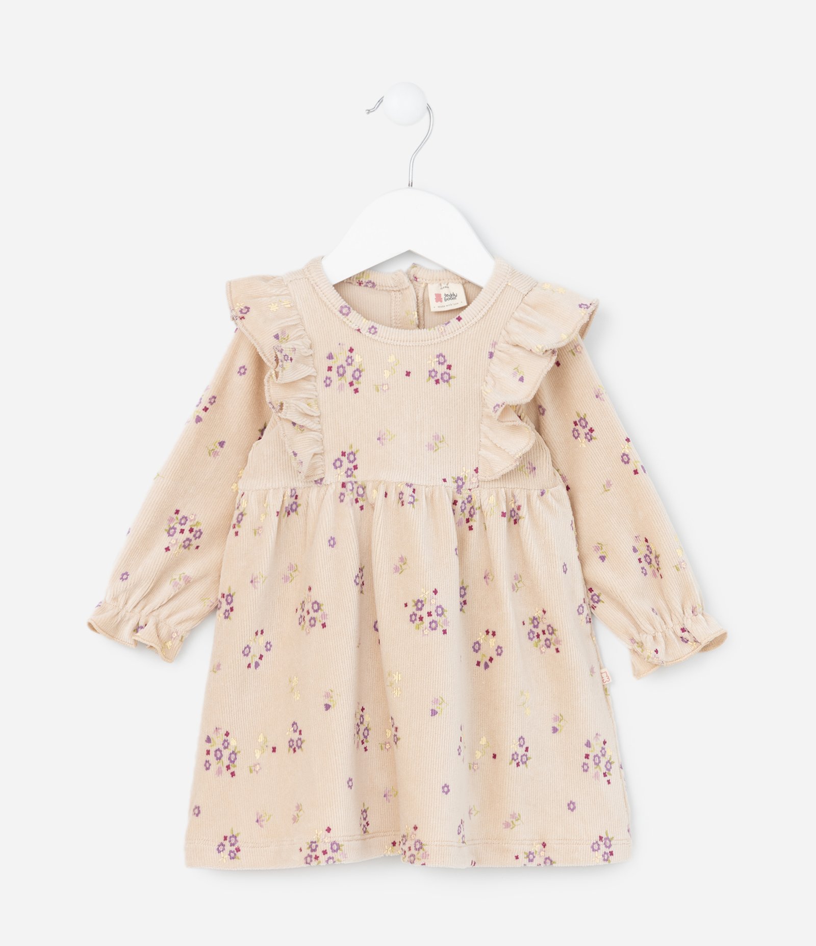 Vestido Infantil Canelado com Babados - Tam 0 a 18 meses Bege 2