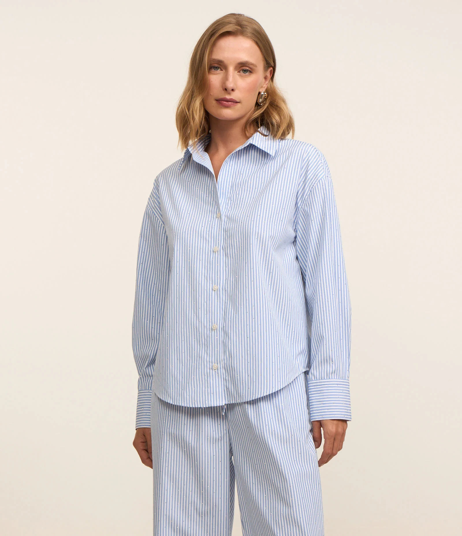 Camisa Over em Tricoline com Estampa de Listras Azul 1