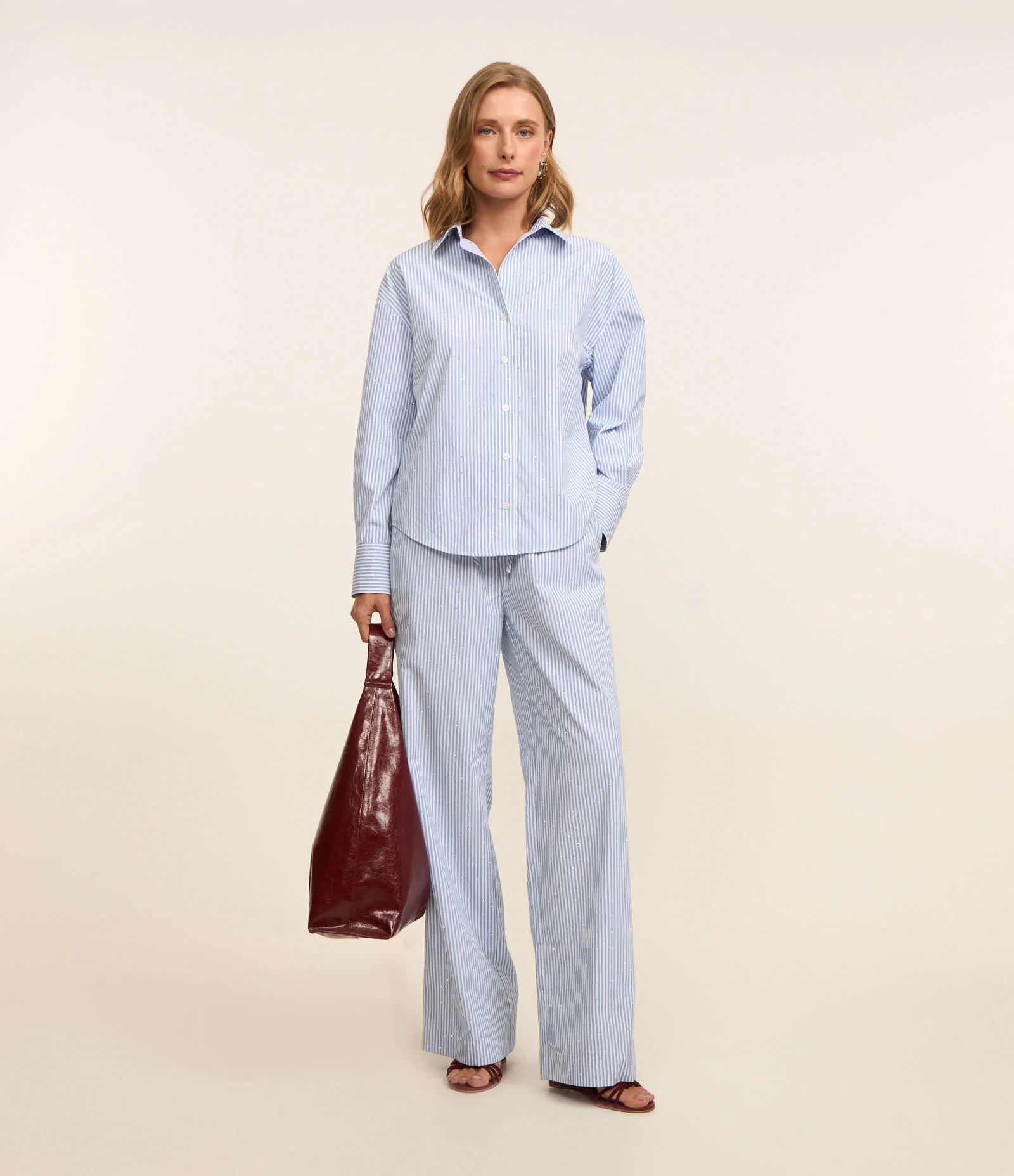 Camisa Over em Tricoline com Estampa de Listras Azul 2