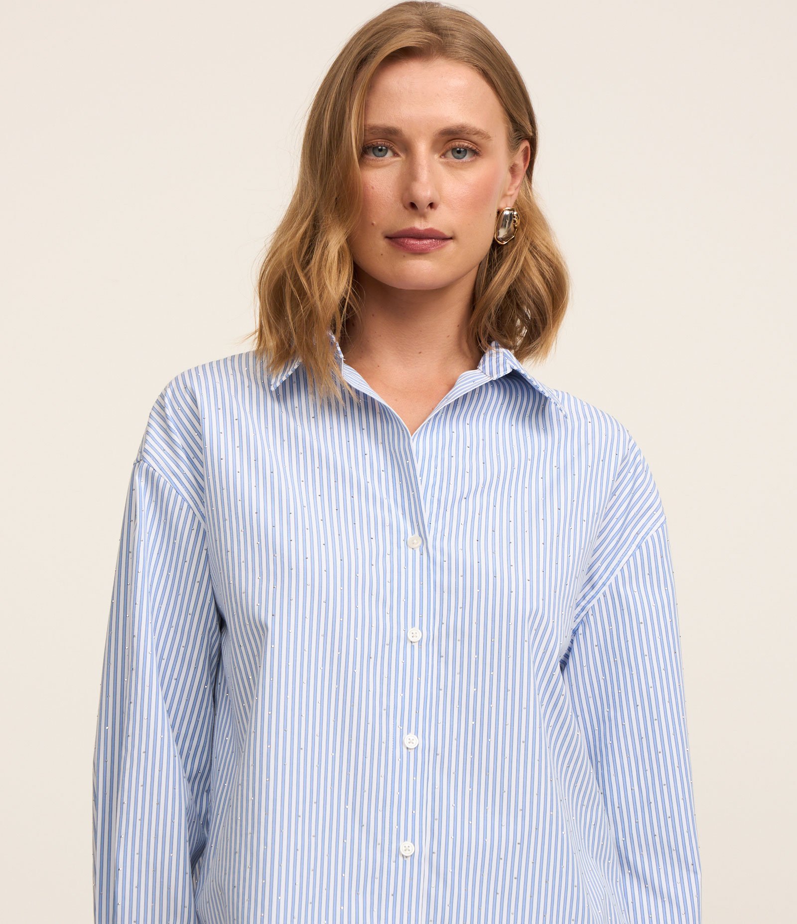 Camisa Over em Tricoline com Estampa de Listras Azul 4