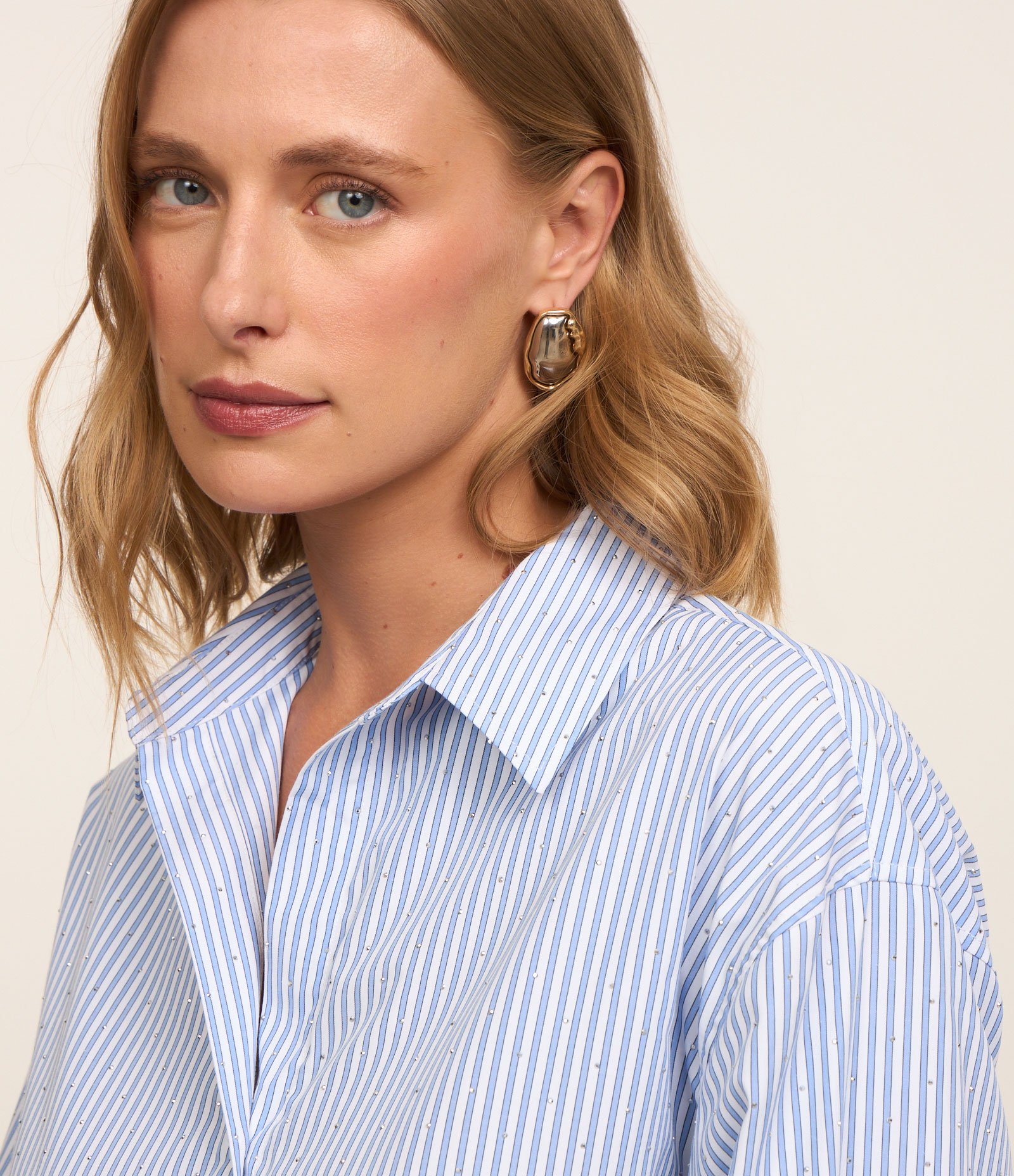 Camisa Over em Tricoline com Estampa de Listras Azul 5