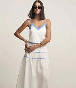 Vestido Midi em Tricoline com Viés Contrastante