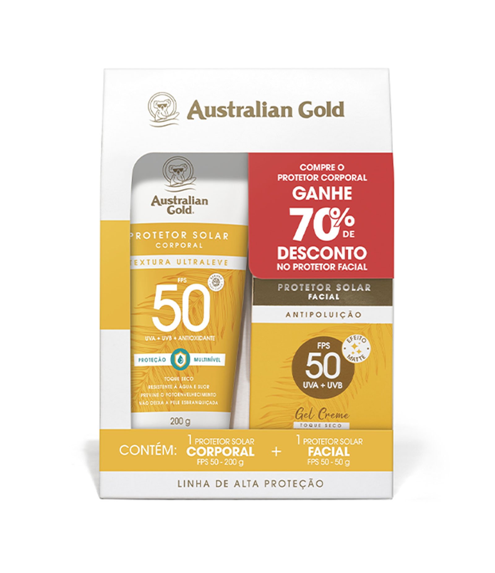 Promopack Protetor Solar Corporal FPS50 200g + Protetor Solar Facial 50g Australian Gold KIT 1