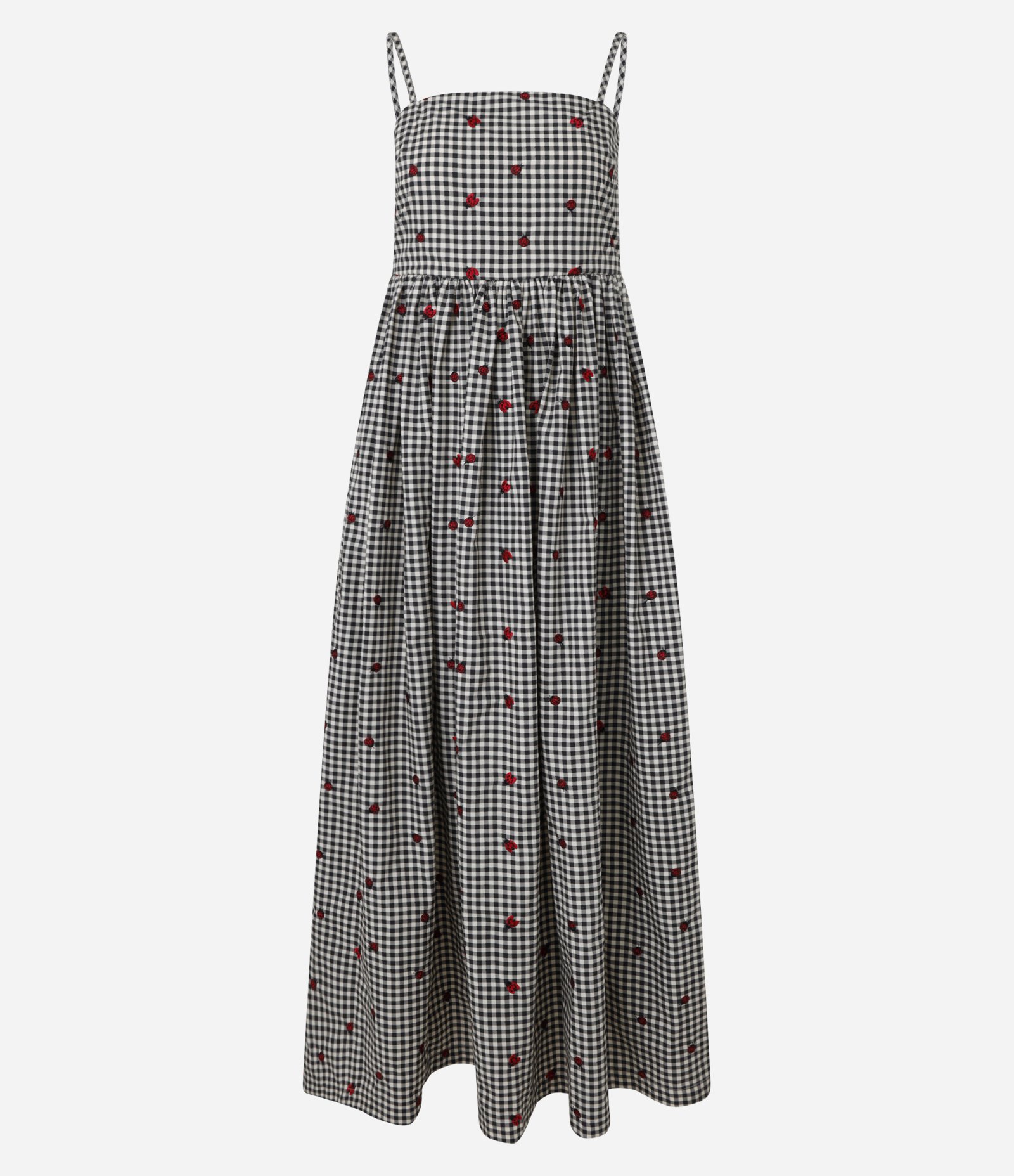 Vestido New Midi em Tricoline Xadrex Vichy com Bordado de Florzinhas Preto 6