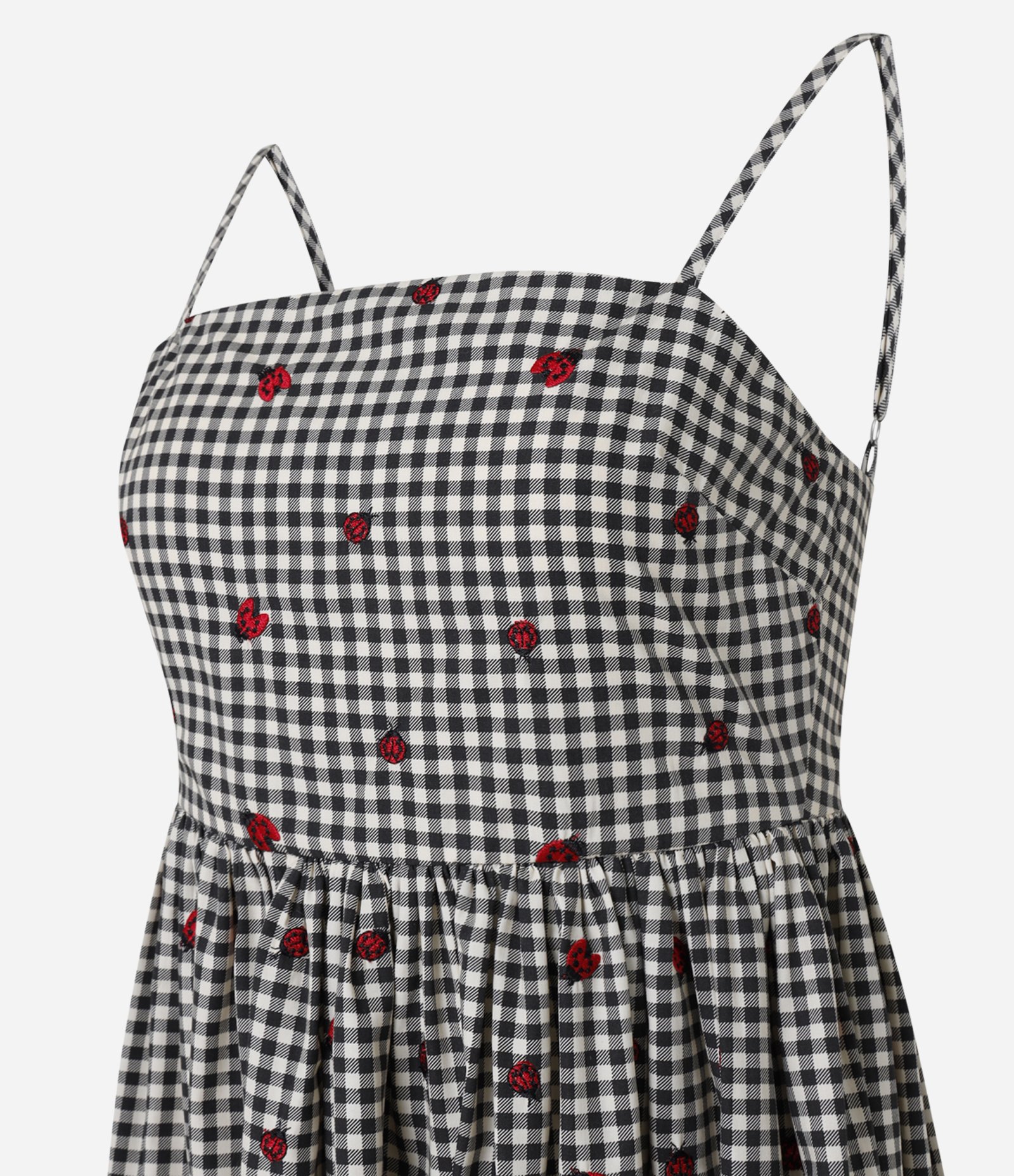 Vestido New Midi em Tricoline Xadrex Vichy com Bordado de Florzinhas Preto 7