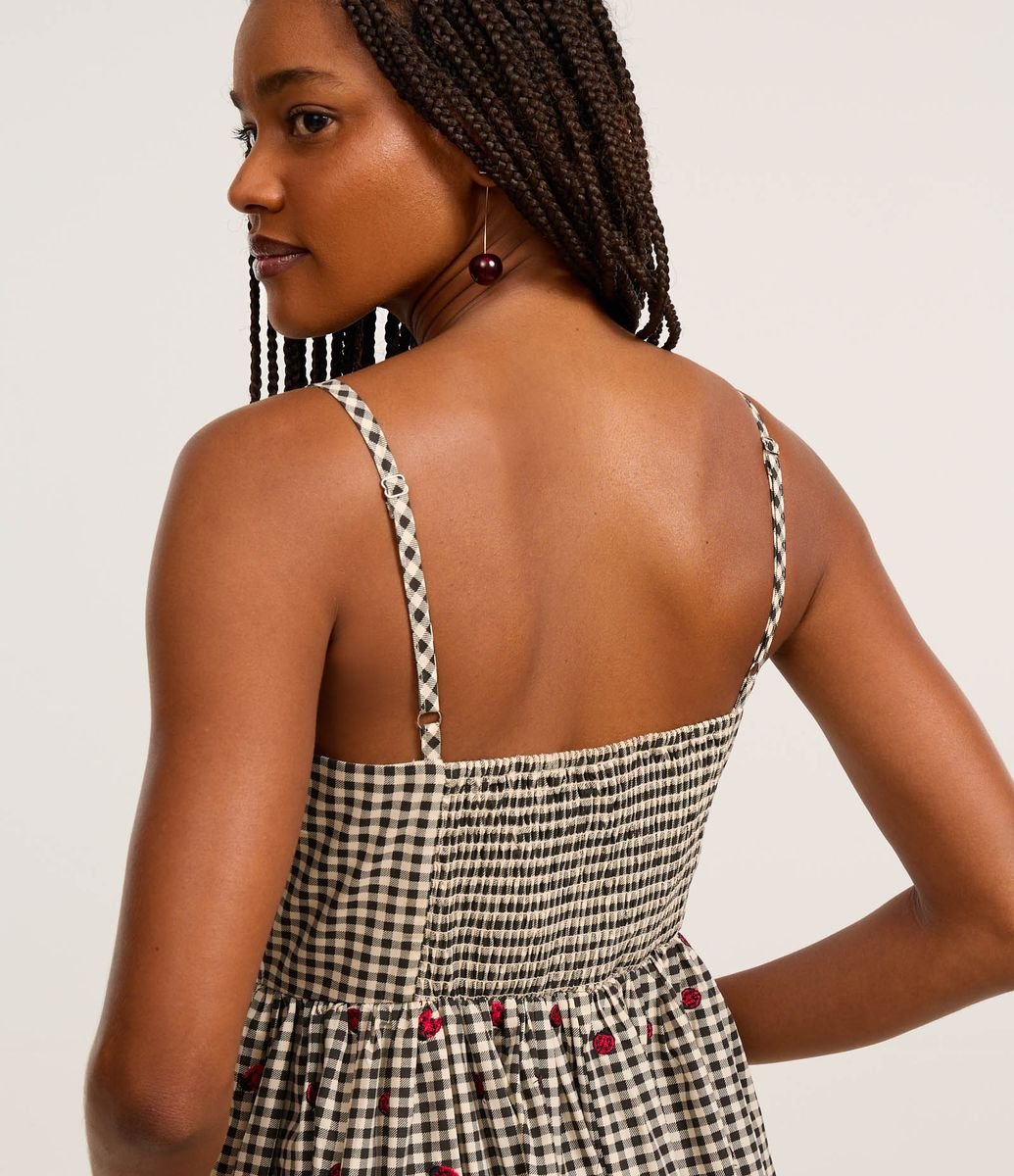 Vestido New Midi em Tricoline Xadrex Vichy com Bordado de