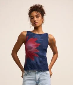 Blusa Sem Manga em Tule com Estampa de Flor de Lotus