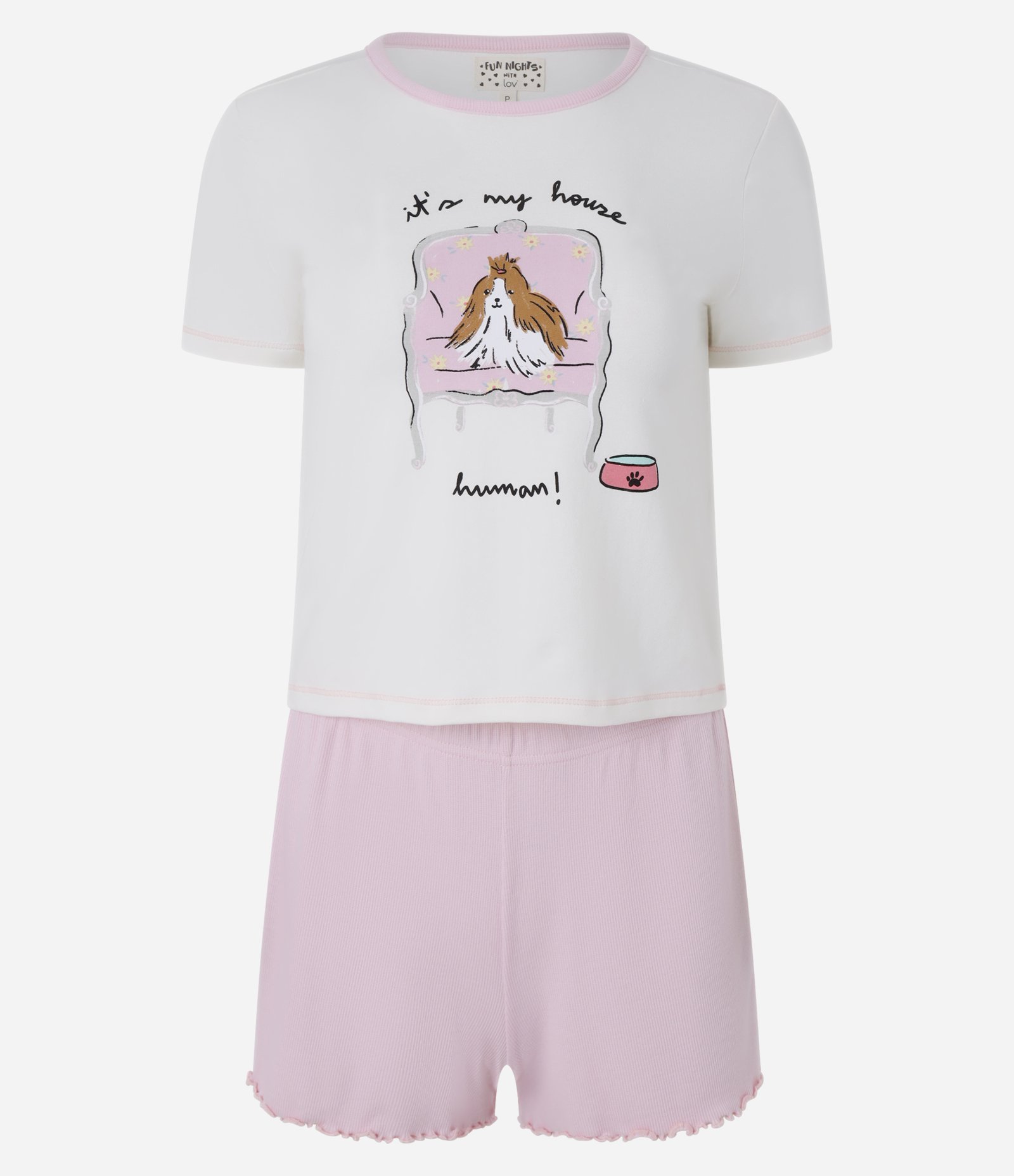 Pijama Short Doll Manga Curta com Estampa de Cachorrinho Branco/Rosa 4