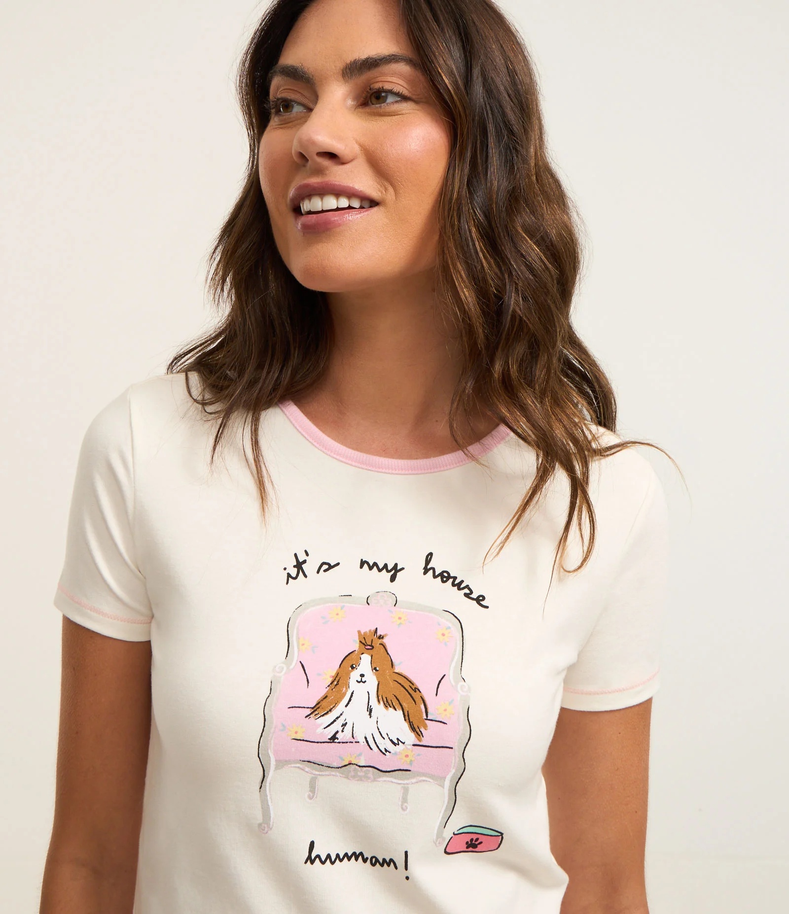 Pijama Short Doll Manga Curta com Estampa de Cachorrinho Branco/Rosa 2