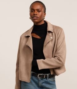 Jaqueta Perfecto em Suede com Gola Bowling e Bolsos