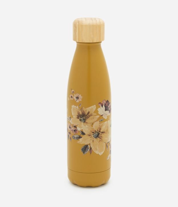 Garrafa em Metal Estampa Floral com Tampa Bamboo