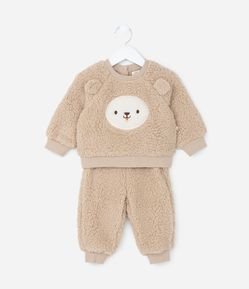 Conjunto Infantil em Sherpa com Bordado Cara de Urso Tam 0 a 18 meses