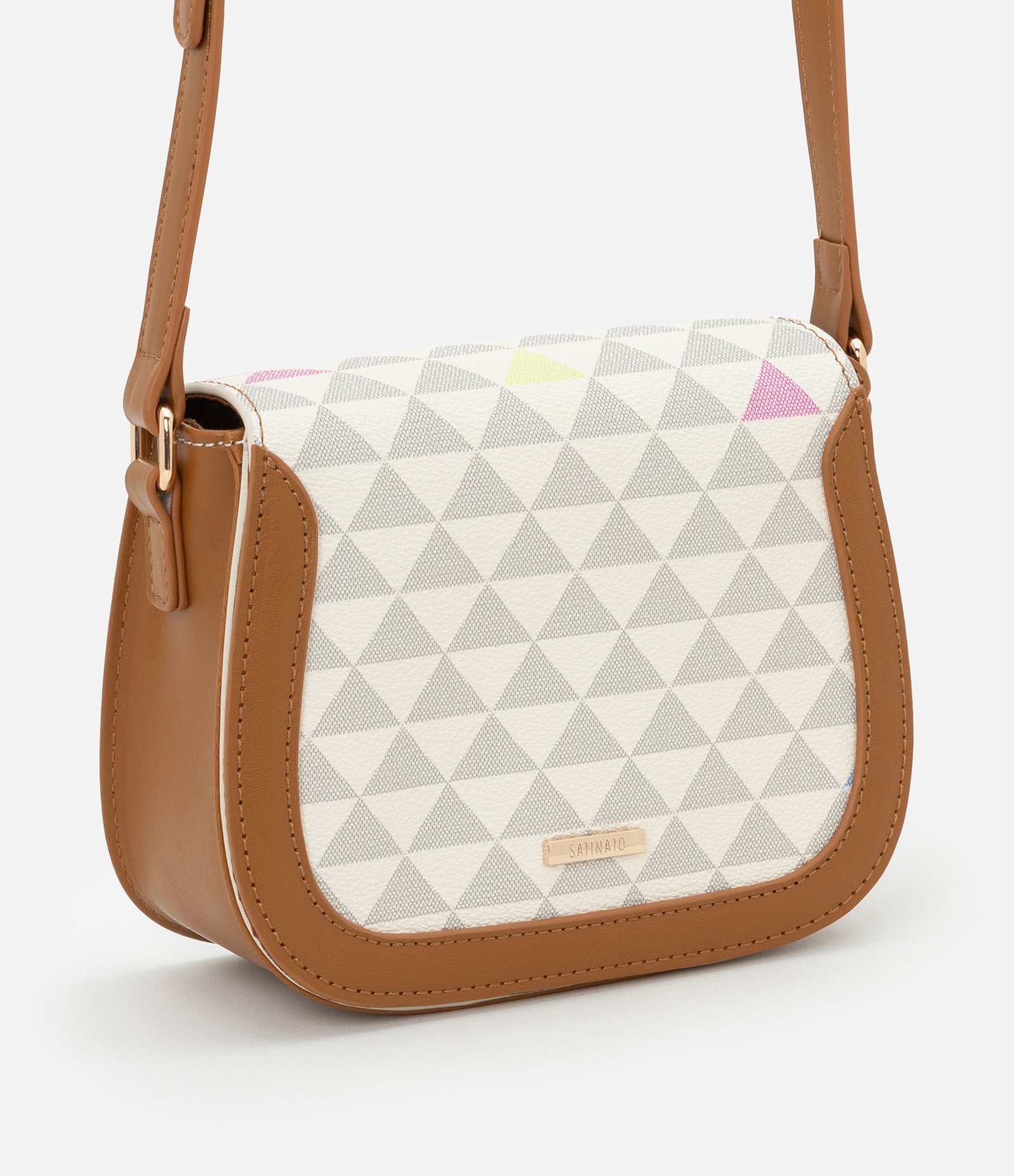 Bolsa Transversal Pequena em PU Estampa Triângulos Coloridos Off White 1