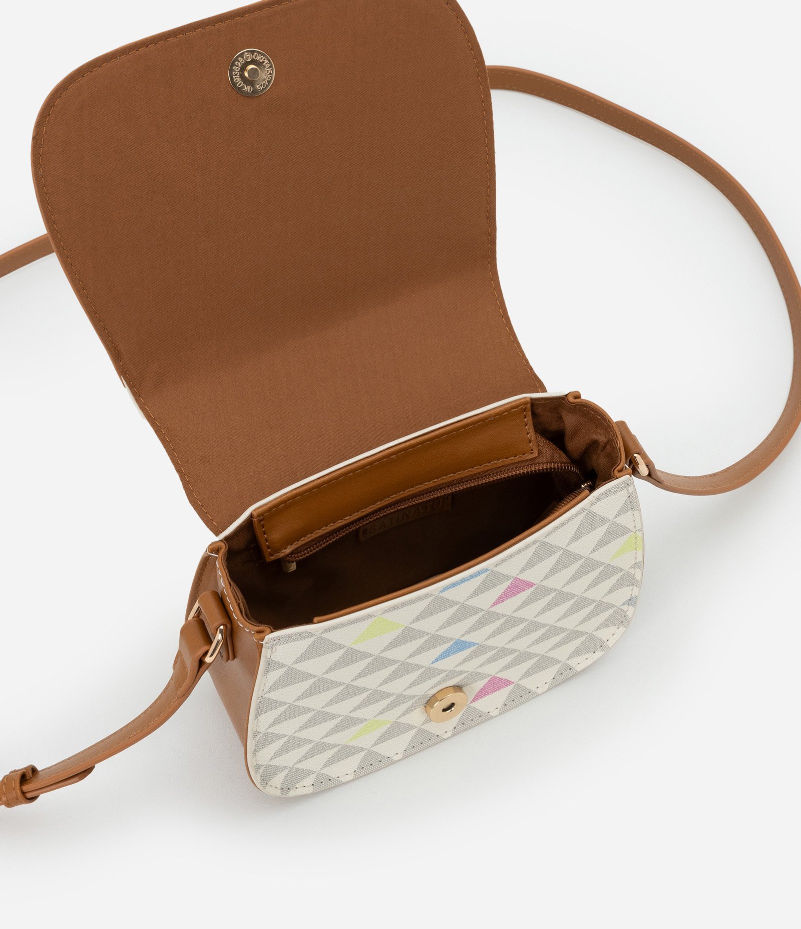 Bolsa Transversal Pequena em PU Estampa Triângulos Coloridos Off White 3