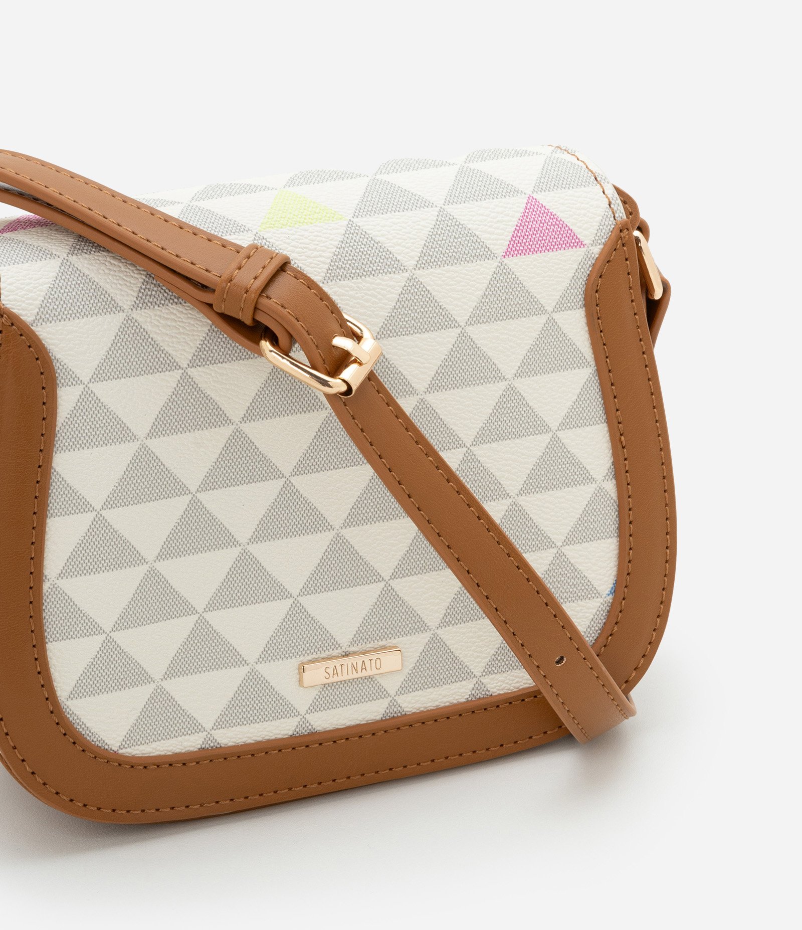 Bolsa Transversal Pequena em PU Estampa Triângulos Coloridos Off White 6