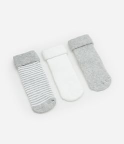 Kit 03 Meias Infantis Básicas com Barra Dobrada e Antiderrapante - Tam RN a 12 meses
