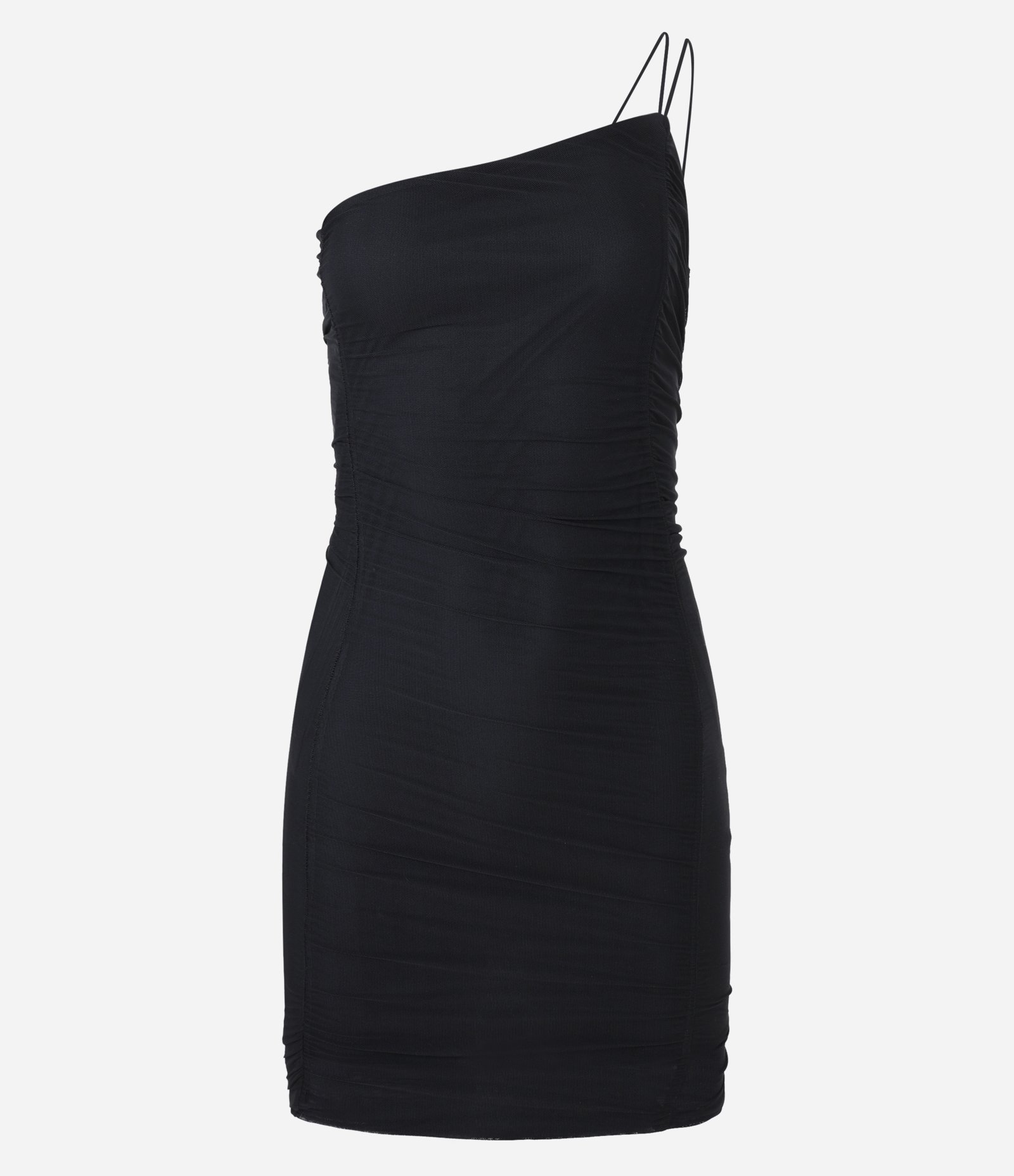Vestido Curto em Tule com Ombro Único e Detalhe Franzido Preto 4