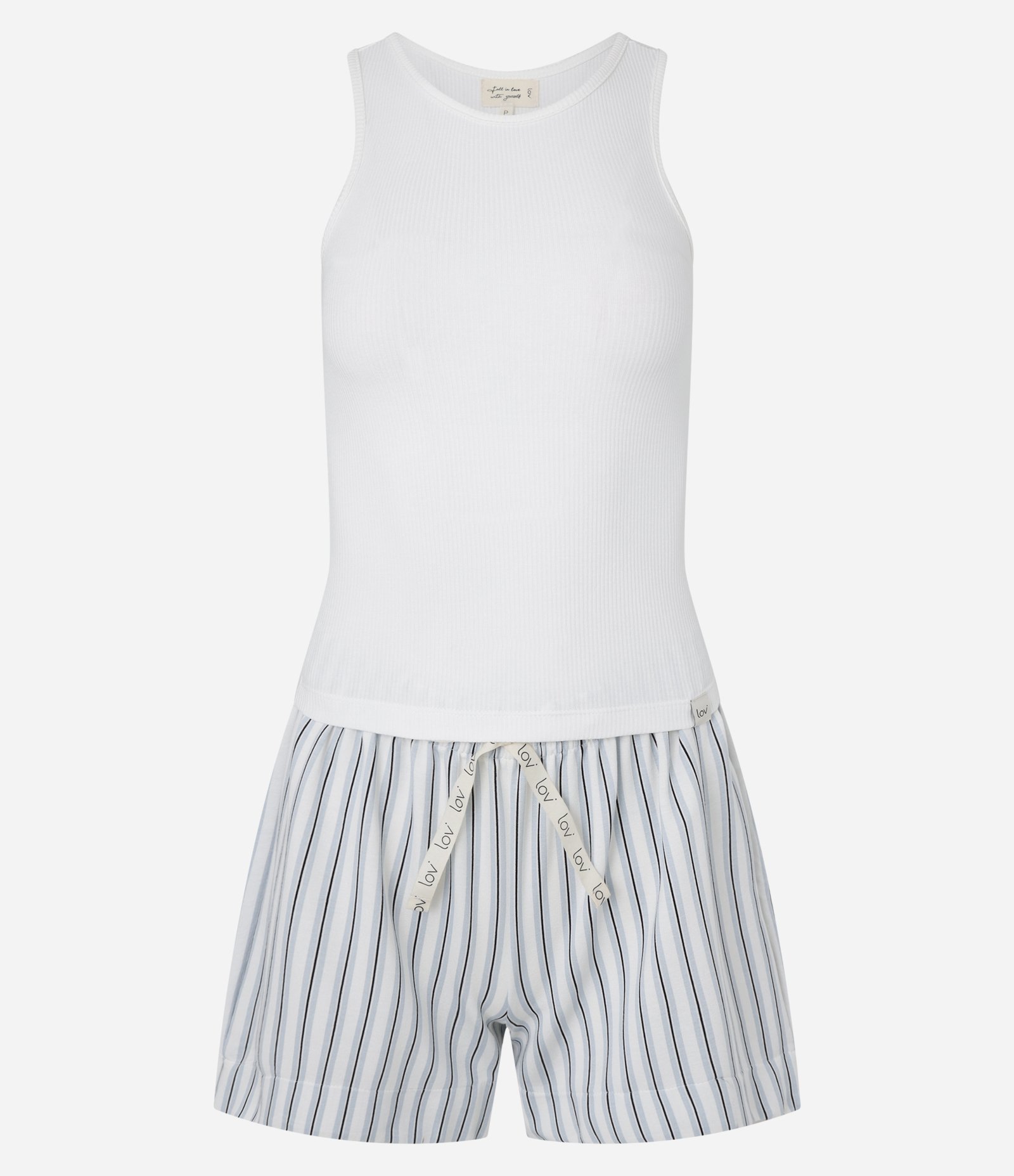 Pijama Short Doll Regata com Alças Largas E Short Com Estampa Listrada Branco/Azul 5