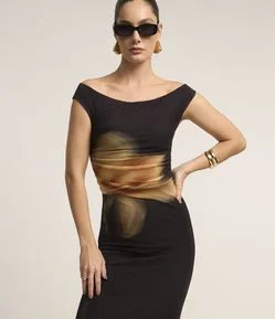 Vestido Midi Ombro a Ombro em Tule com Estampa Floral