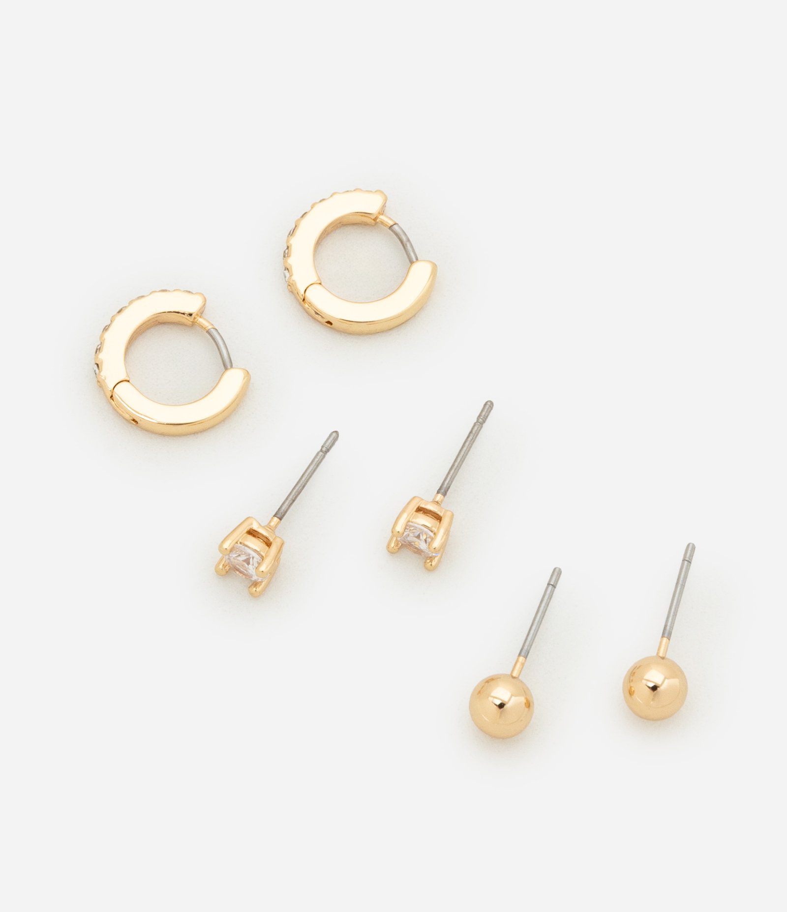 Kit 03 Brincos Folheados e Cravejados de Zircônia Dourado 1