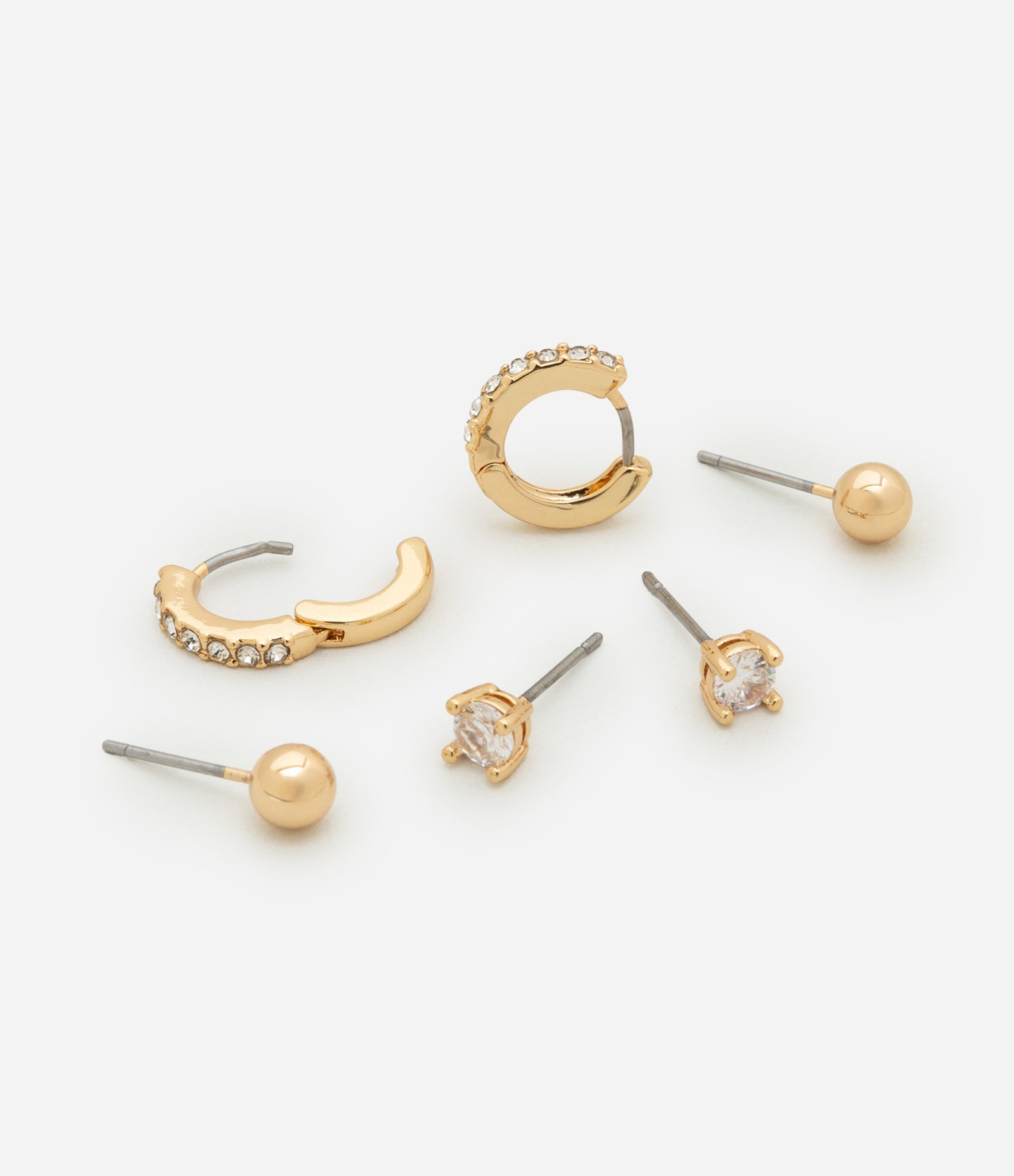 Kit 03 Brincos Folheados e Cravejados de Zircônia Dourado 2