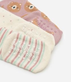 Kit 03 Meias Infantis Estampadas de Ursinho com Antiderrapante - RN a 12 meses