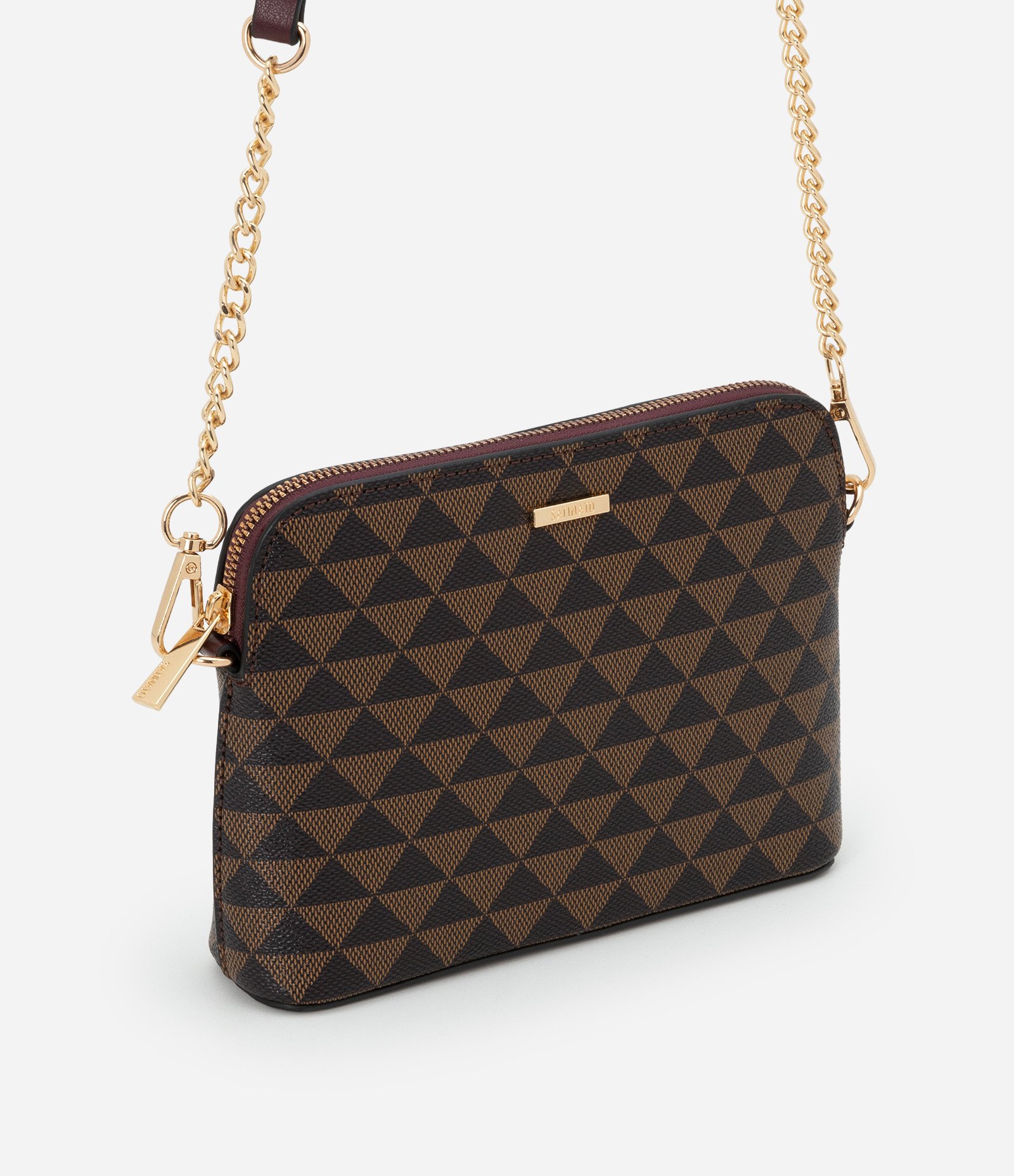 Bolsa Pequena em PU com Detalhe de Corrente na Alça e Estampa Triângulos Marrom/ Preto 2