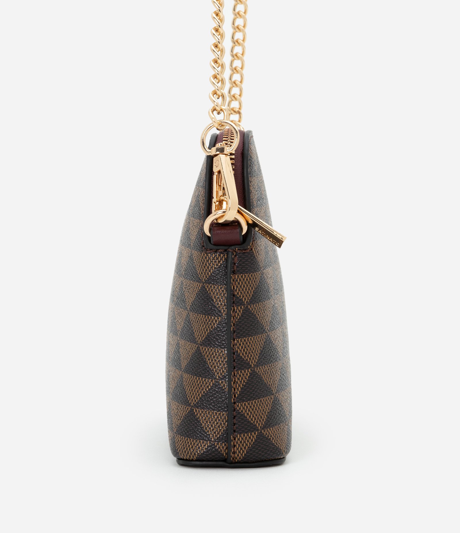 Bolsa Pequena em PU com Detalhe de Corrente na Alça e Estampa Triângulos Marrom/ Preto 3