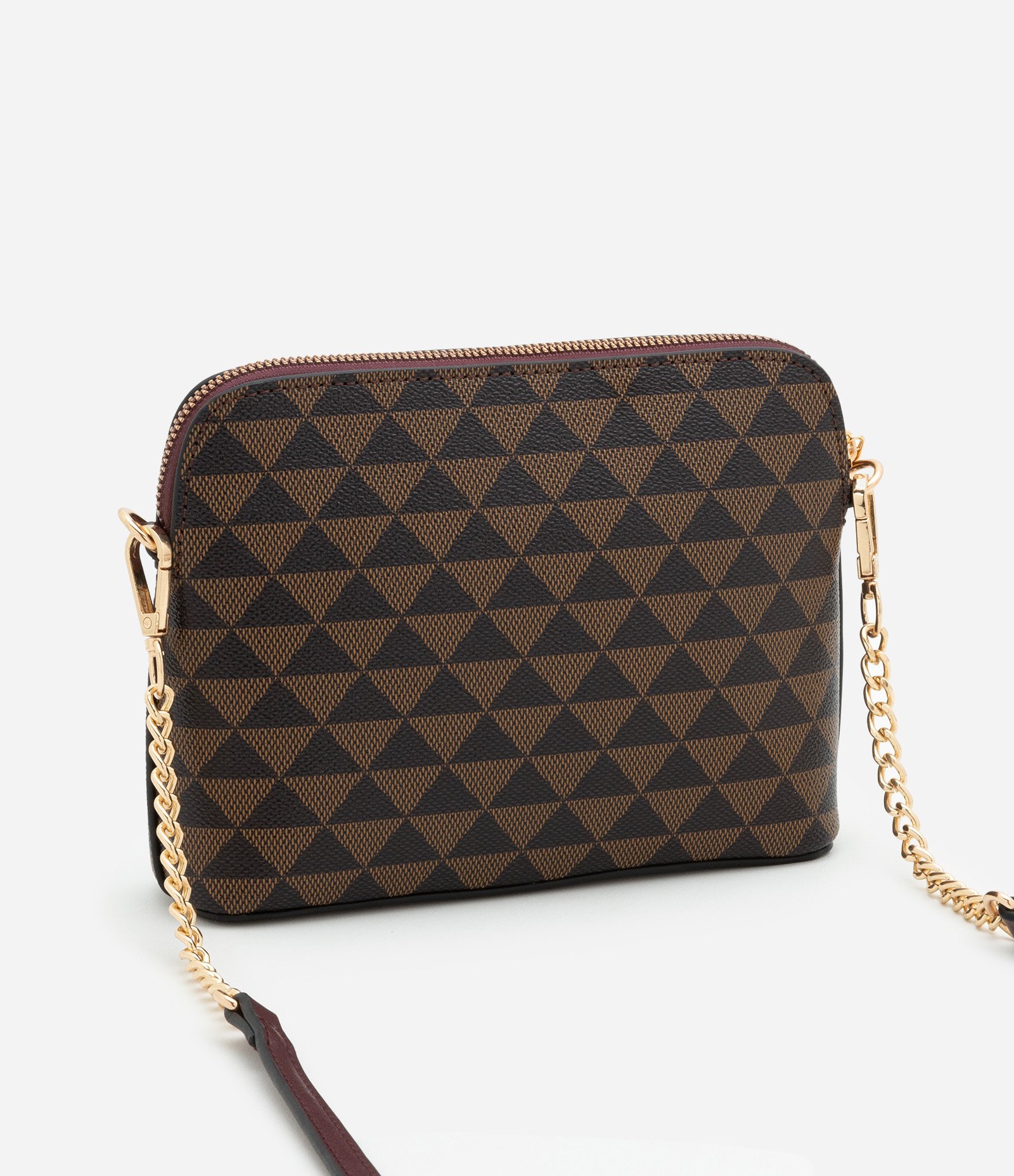 Bolsa Pequena em PU com Detalhe de Corrente na Alça e Estampa Triângulos Marrom/ Preto 4