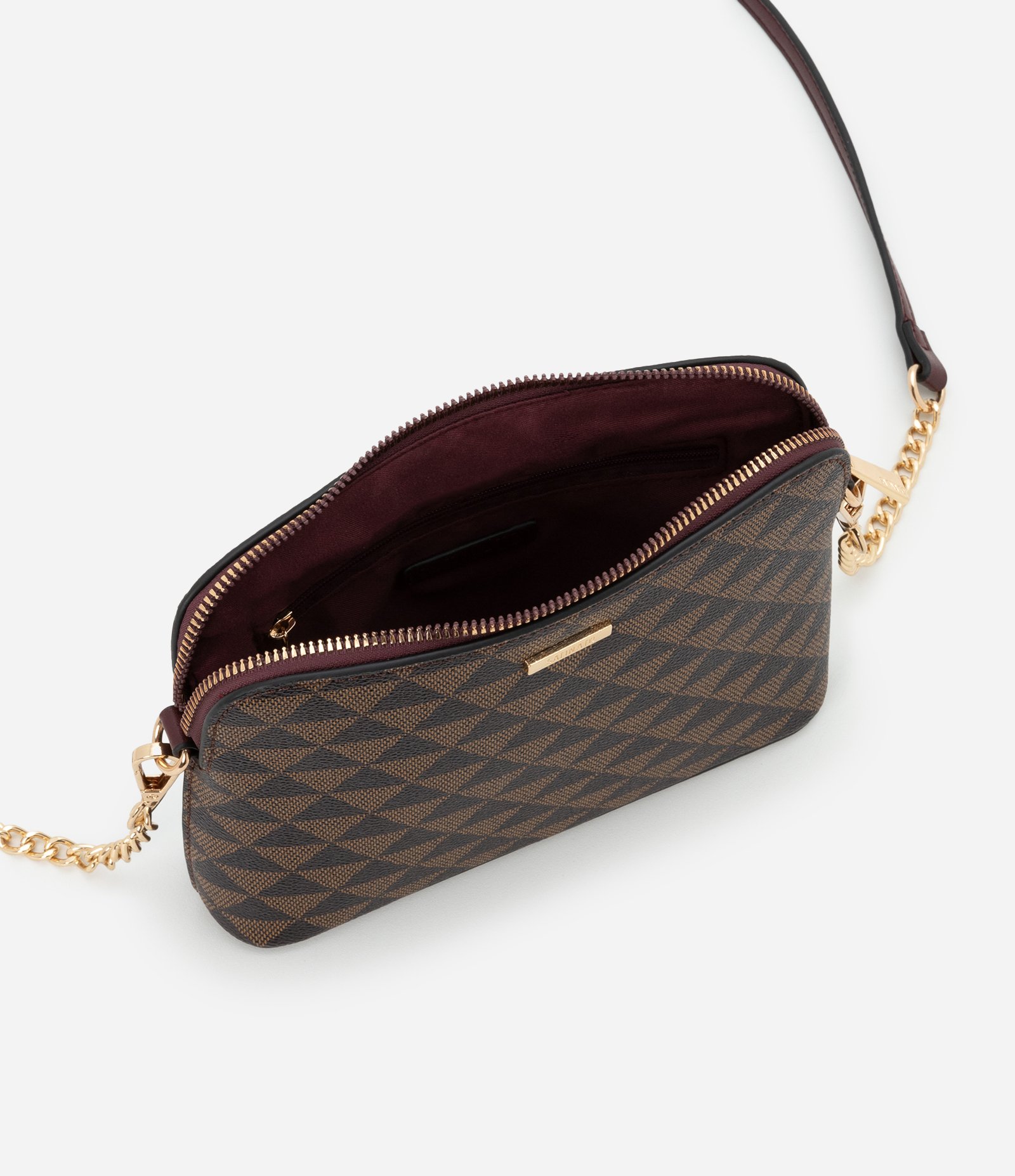 Bolsa Pequena em PU com Detalhe de Corrente na Alça e Estampa Triângulos Marrom/ Preto 6