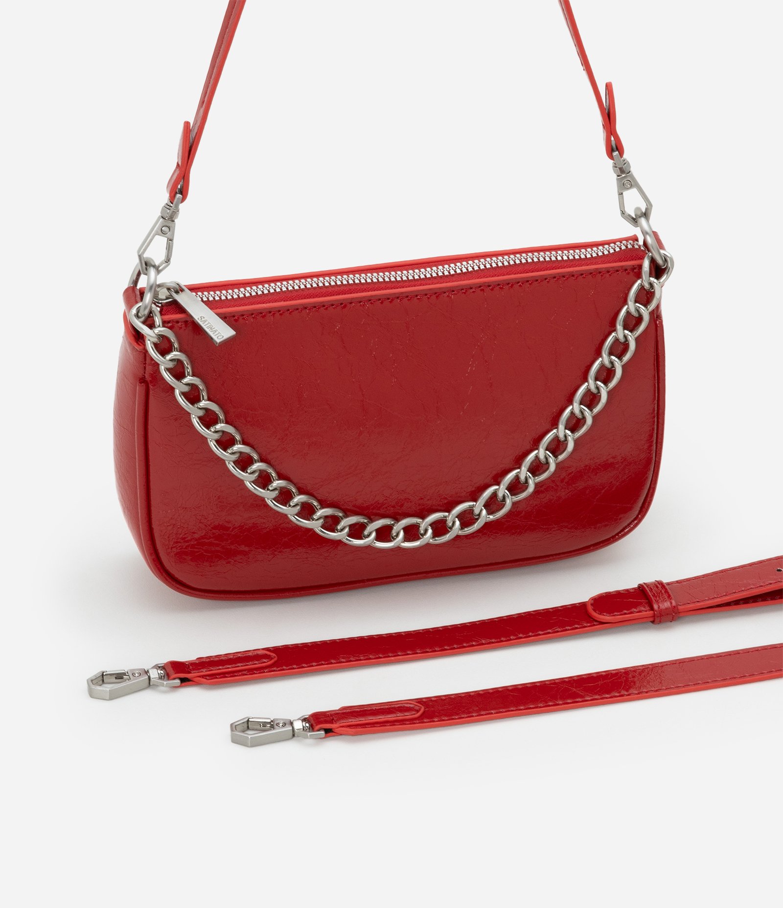 Bolsa Shoulder Pequena em PU com Detalhe de Corrente Vermelho 8