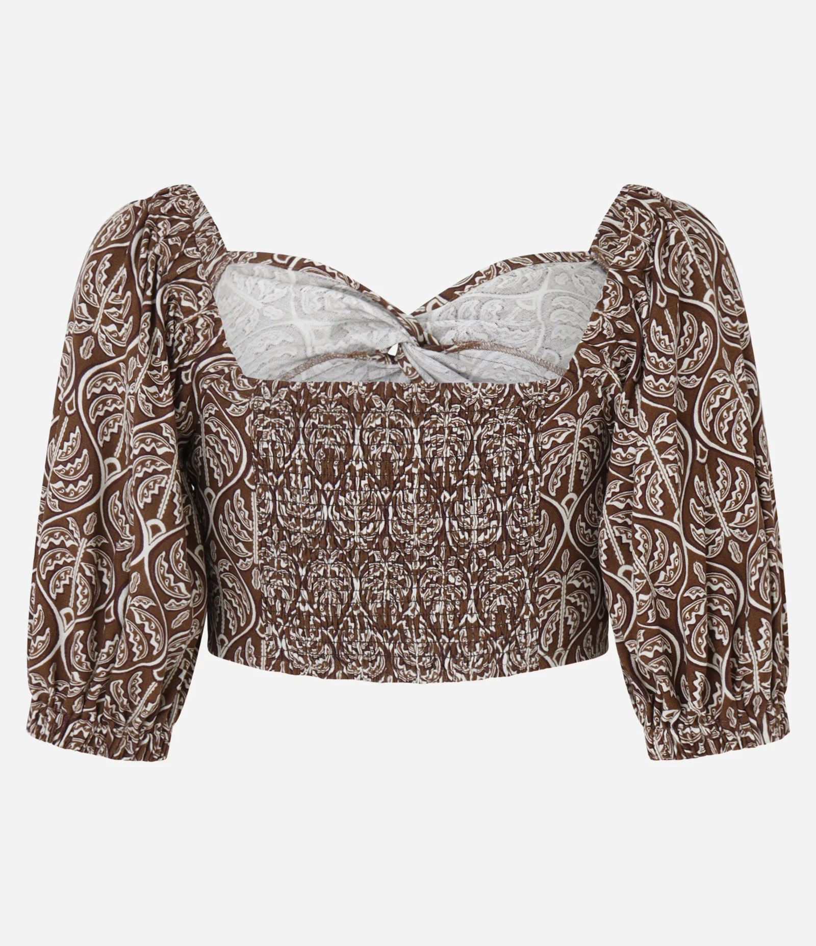 Blusa Cropped em Linho e Viscose com Estampa Coqueiros Marrom 2