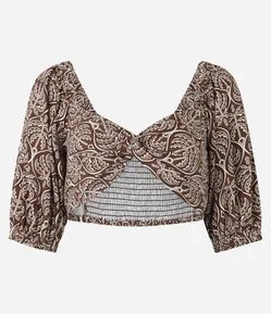 Blusa Cropped em Linho e Viscose com Estampa Coqueiros
