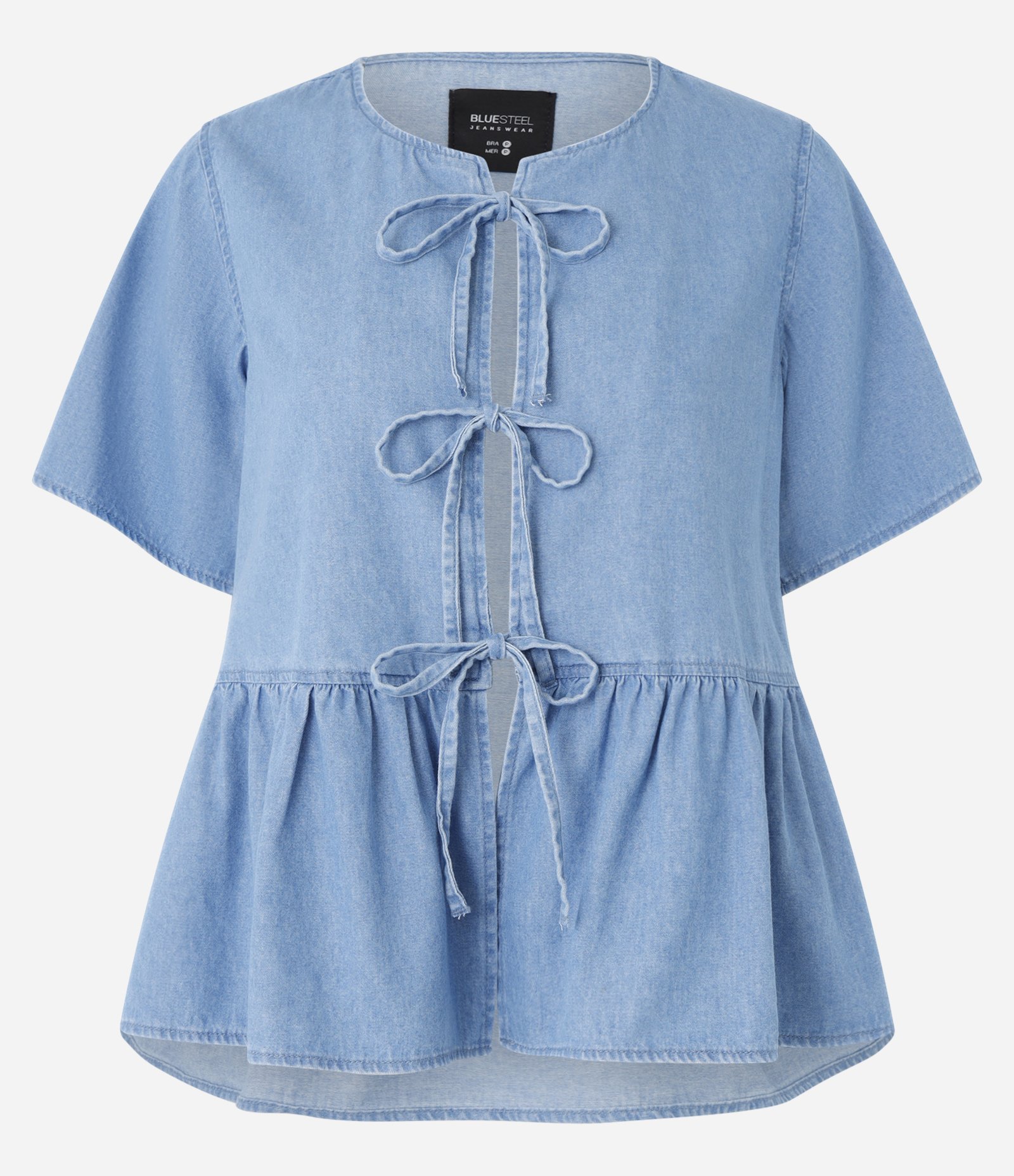 Blusa Peplum em Jeans com Lacinhos Azul 4