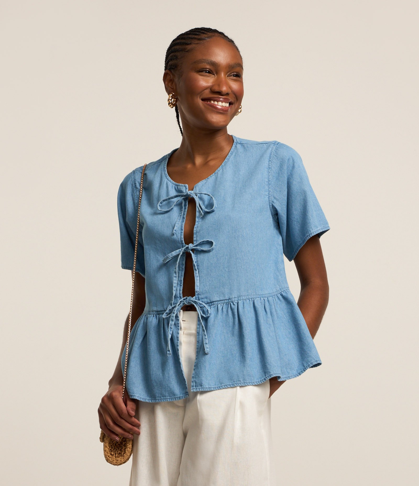 Blusa Peplum em Jeans com Lacinhos Azul 3