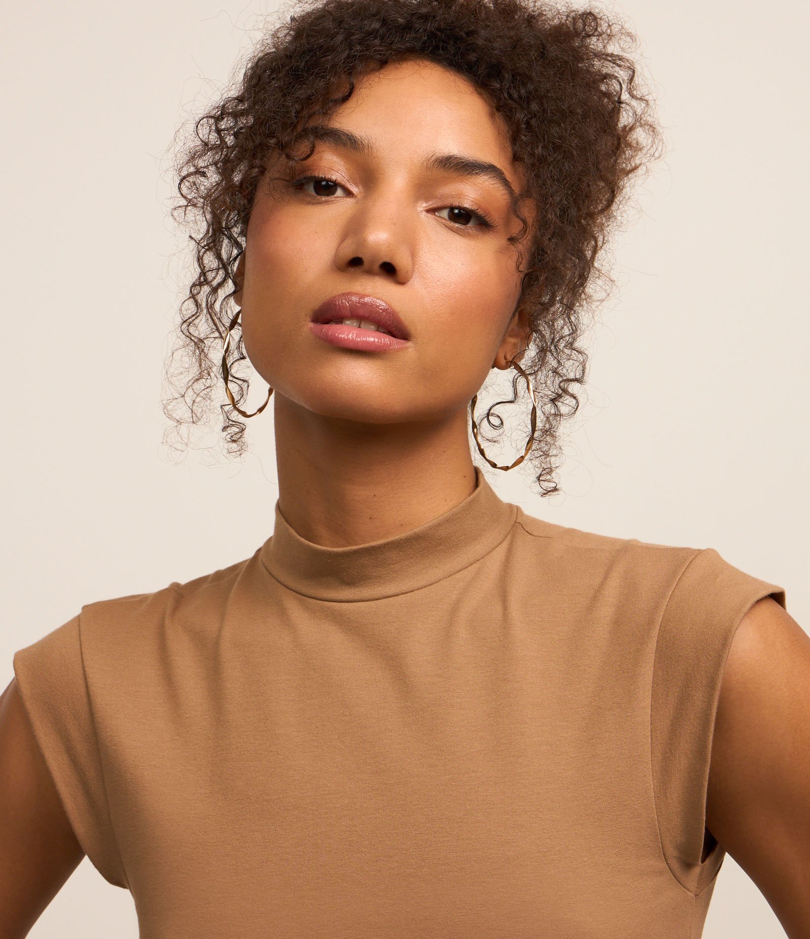 Blusa Sem Manga em Algodão e Elastano com Gola Alta Marrom 3