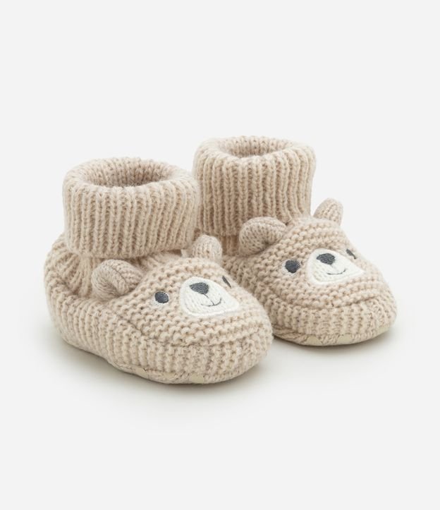 Sapato Infantil em Tricô com Bordado Carinha de Urso - Tam 0 a 12 meses