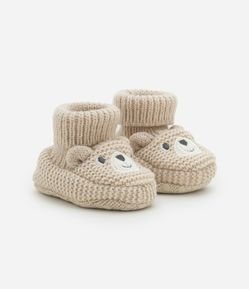 Sapato Infantil em Tricô com Bordado Carinha de Urso - Tam 0 a 12 meses