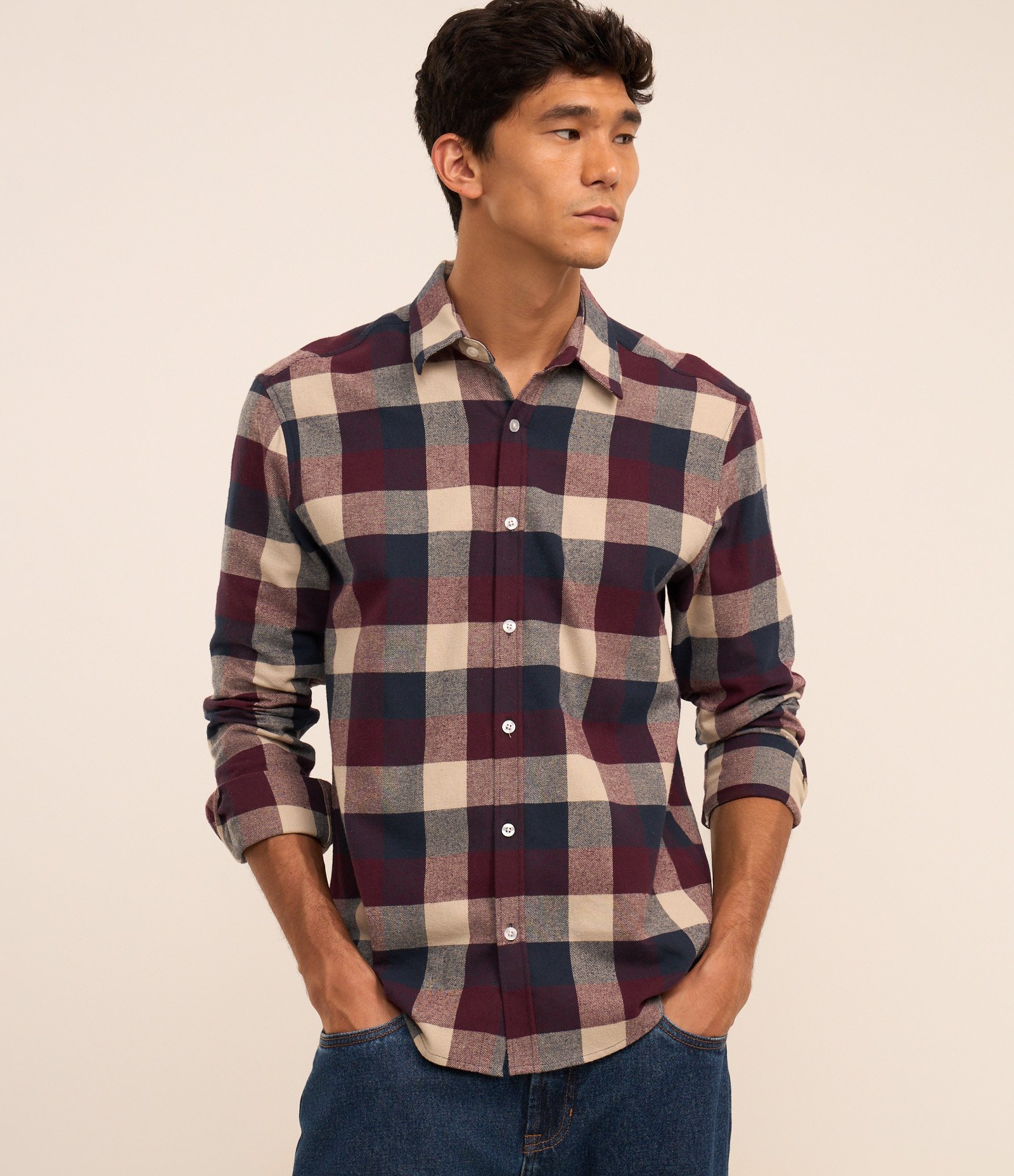 Camisa Comfort em Algodão com Estampa Xadrez e Manga Longa Bordô/Marrom/Bege 1