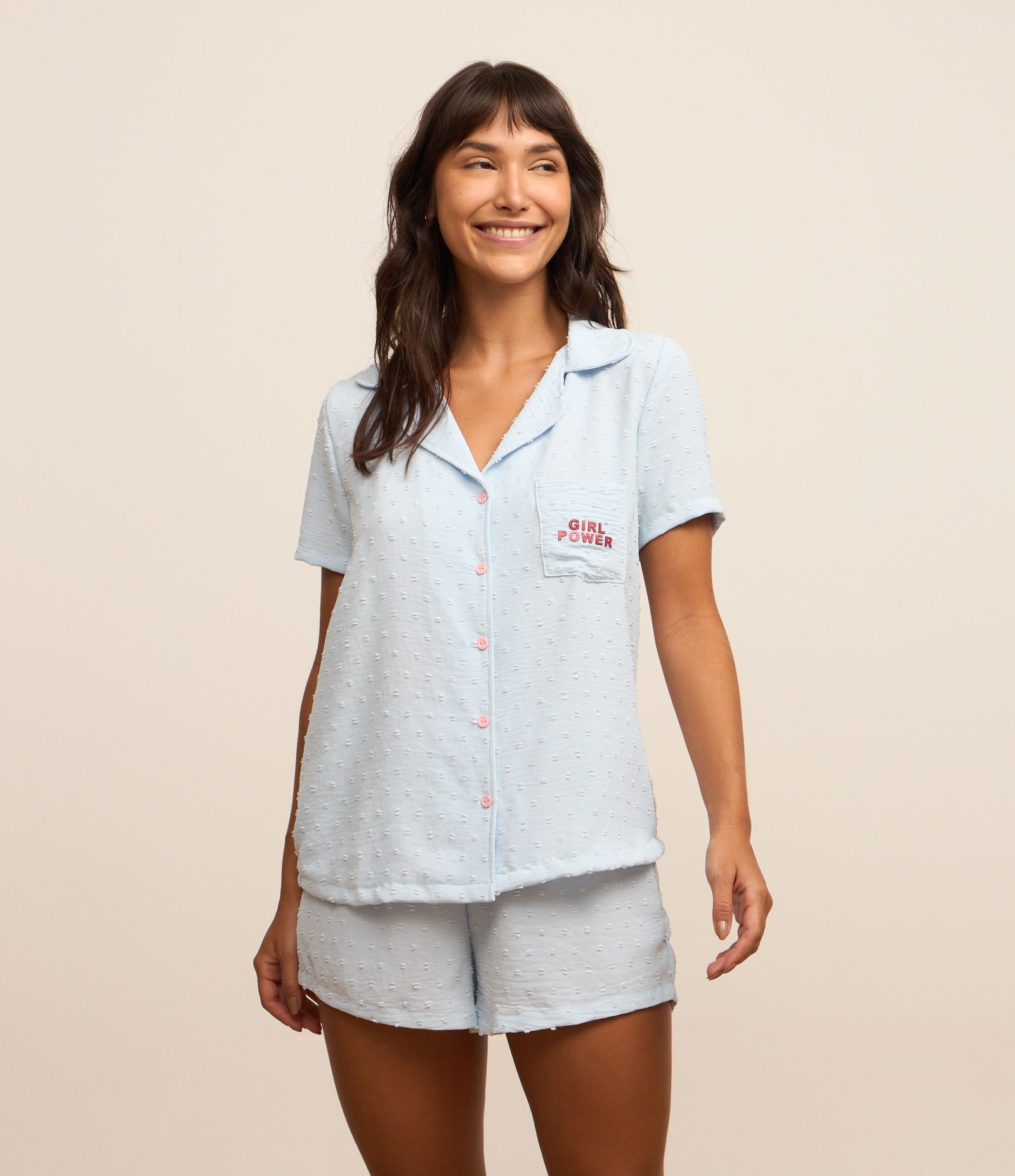 Pijama Short Doll Manga Curta com Estampa "Grl Pwr" Azul 2