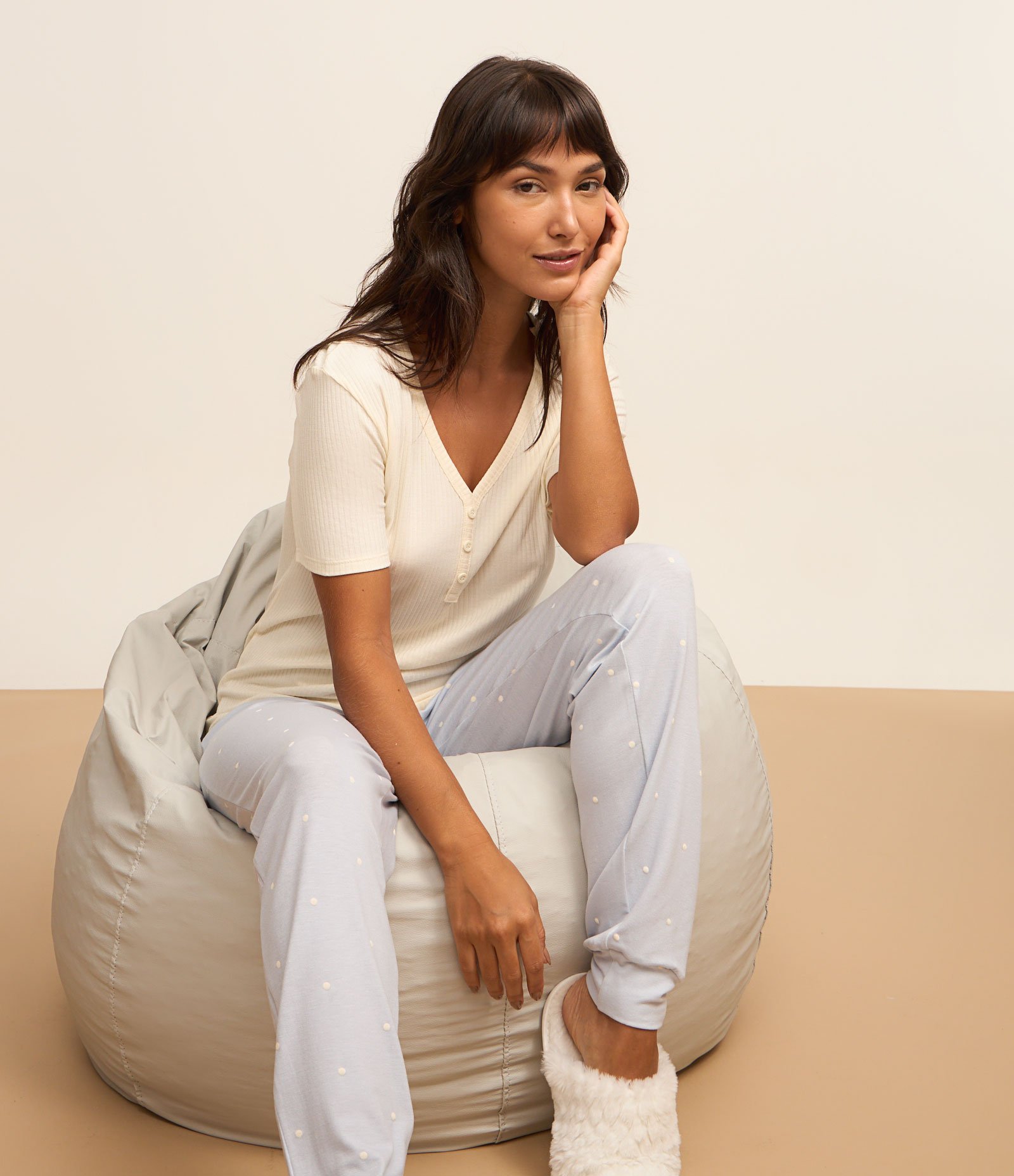 Pijama Longo em Ribana com Estampa de Poá Branco/Azul 1