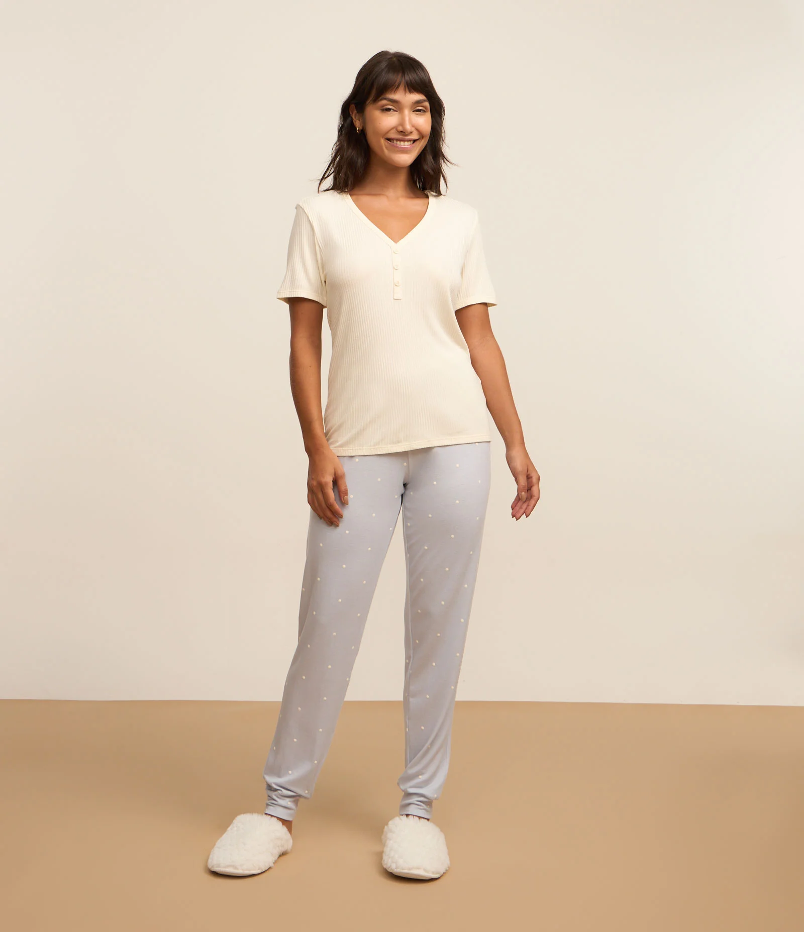 Pijama Longo em Ribana com Estampa de Poá Branco/Azul 2