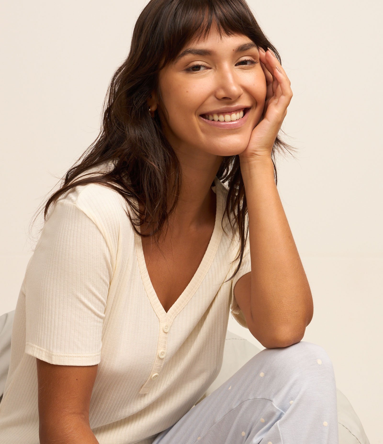 Pijama Longo em Ribana com Estampa de Poá Branco/Azul 3